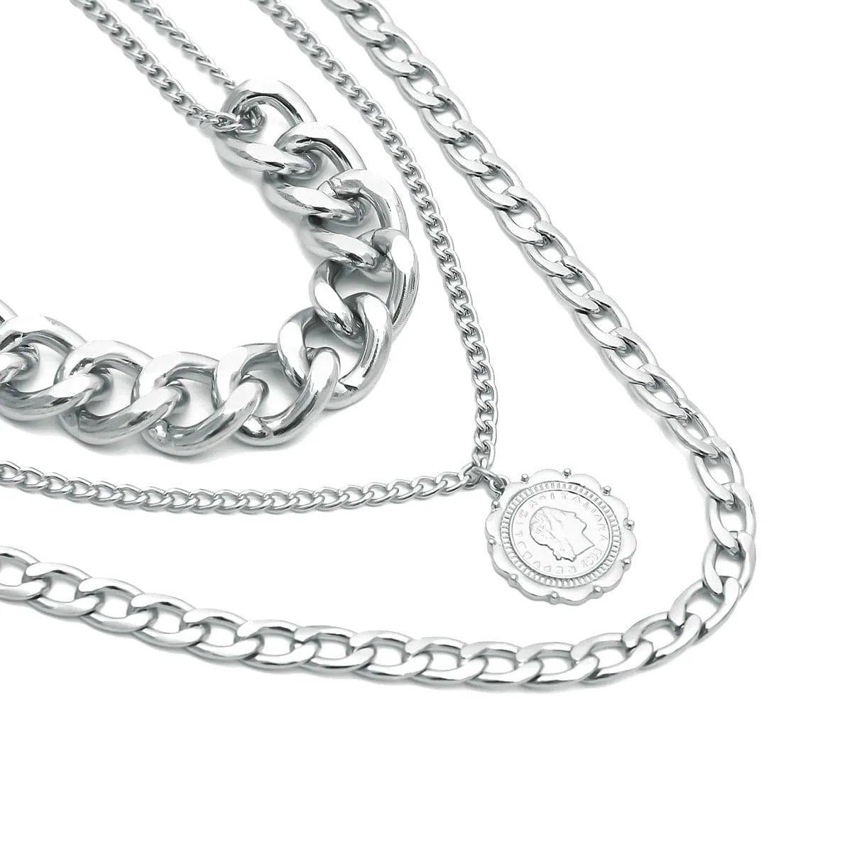 Silver-Plated Figaro Layered Pendant Necklace