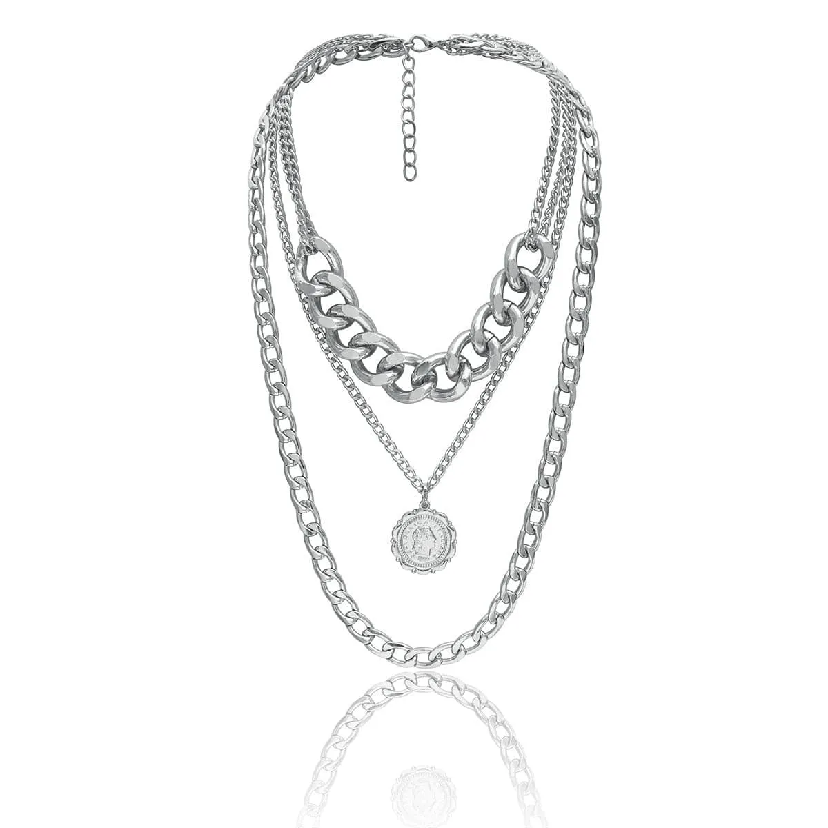 Silver-Plated Figaro Layered Pendant Necklace