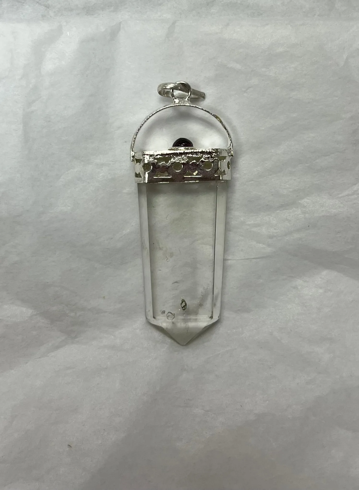 Silver Topped Pointed Clear Quartz Pendant with Amethyst gemstone
