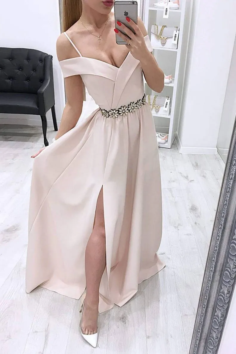Simple A Line Pink Satin Off Shoulder Beaded Waistline Long Side Slit Prom Dress OHC370