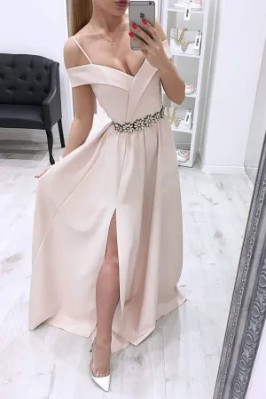 Simple A Line Pink Satin Off Shoulder Beaded Waistline Long Side Slit Prom Dress OHC370