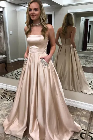 Simple A Line Strapless Sleeveless Beading Long Satin Prom Dresses Evening Dress With Pocket OHC432