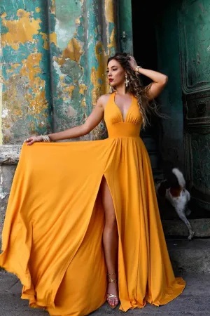 Simple A Line V Neck Floor Length Long Yellow Chiffon Prom Dress Long Evening Dresses OHC508