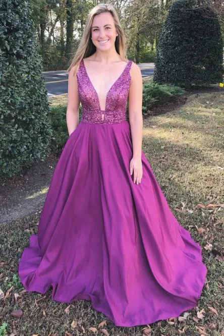 Simple A-Line V-Neck Sweep Train Fuchsia Prom Dress with Beading Pockets OHC501