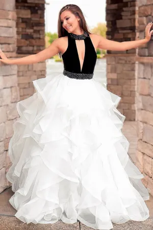 Simple White Tulle Layered V Neck Long Beaded Open Back Evening Dress Senior Prom Dress OHC429