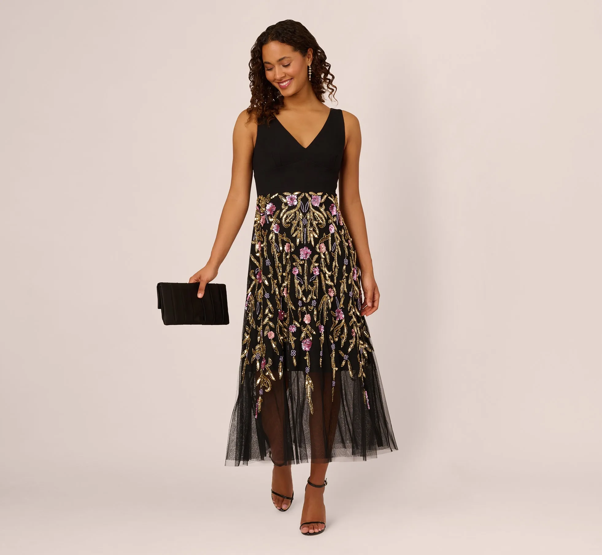 Sleeveless Crepe Gown With Floral Beaded Skirt In Black Multi