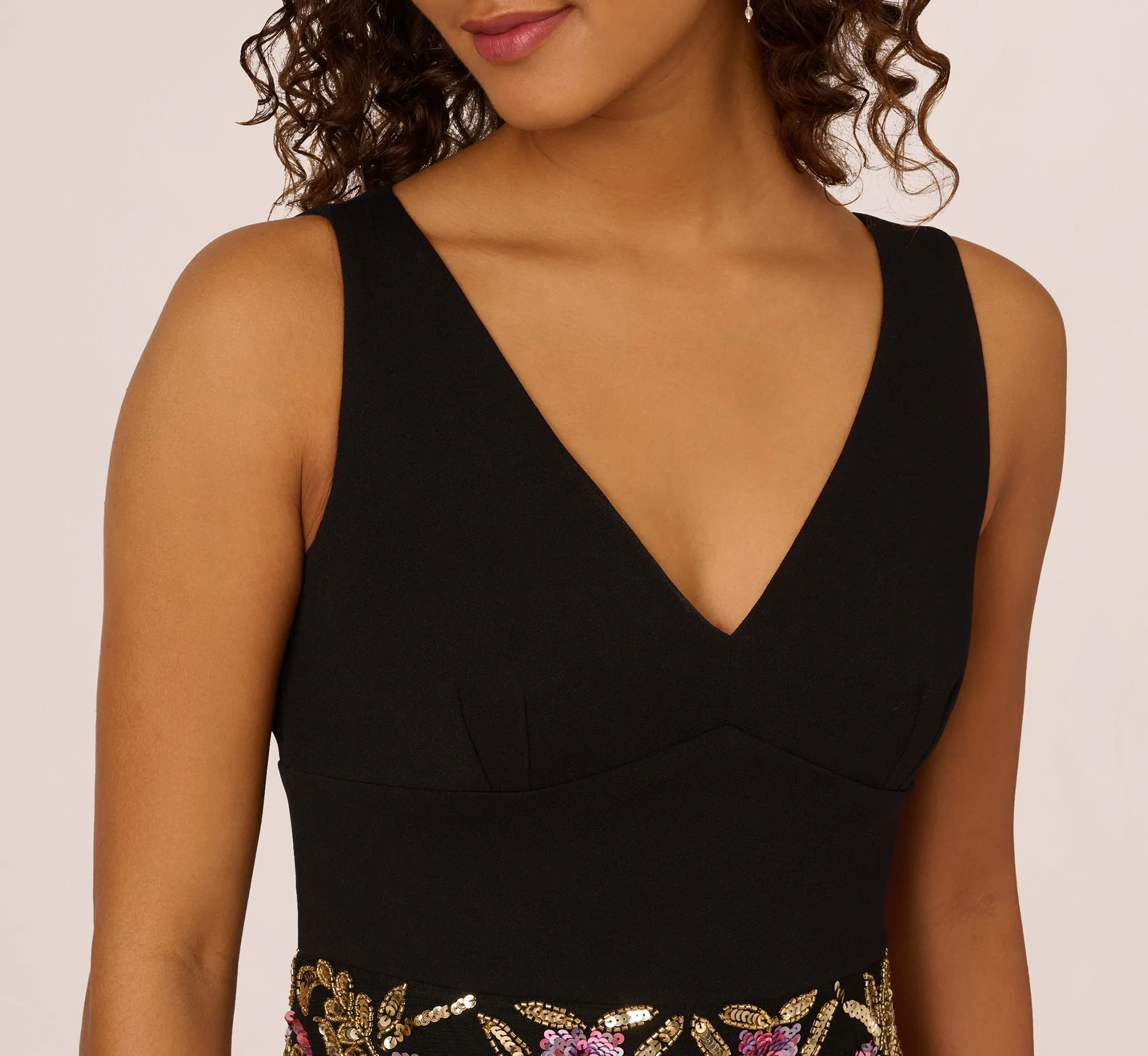 Sleeveless Crepe Gown With Floral Beaded Skirt In Black Multi