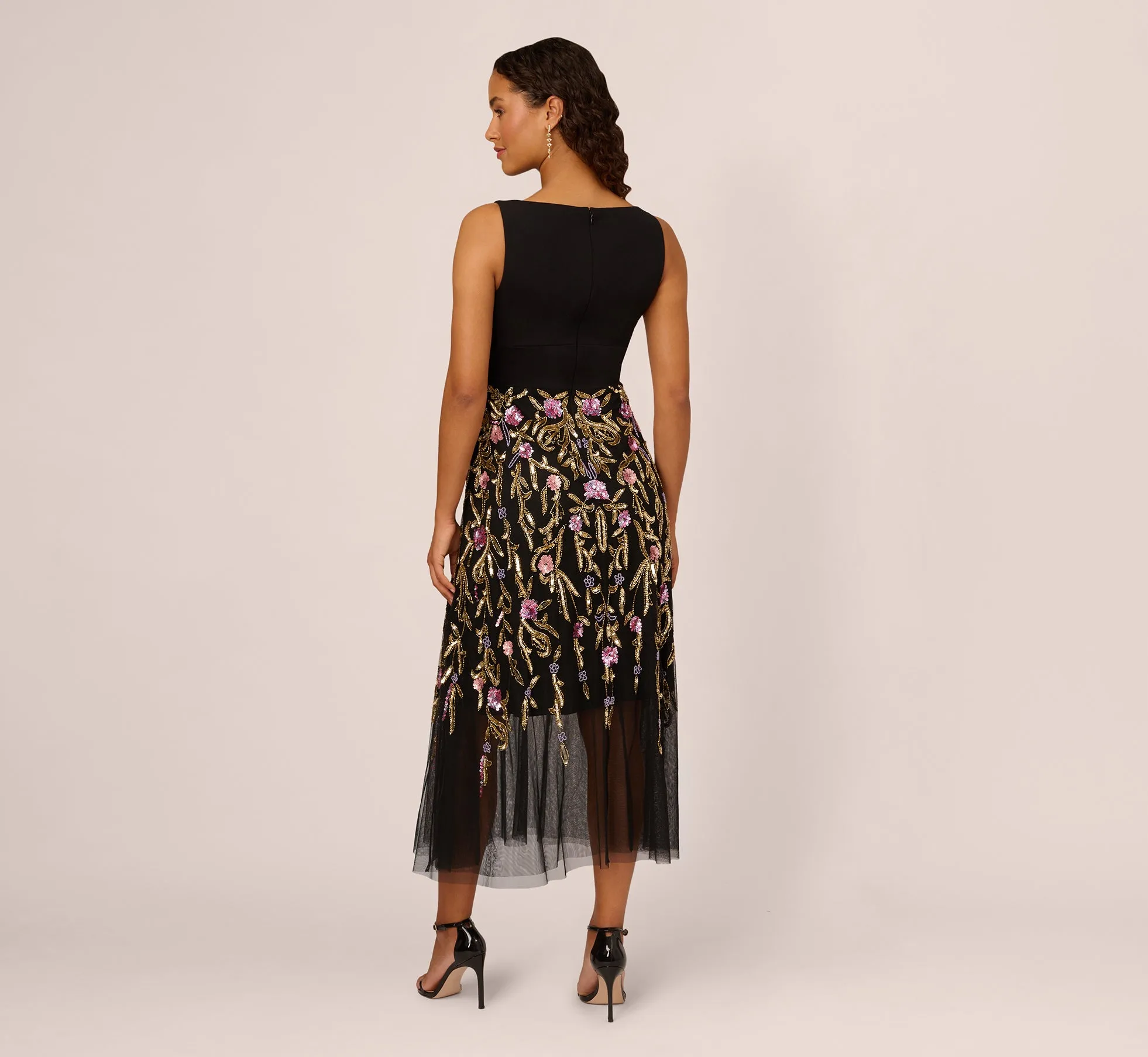 Sleeveless Crepe Gown With Floral Beaded Skirt In Black Multi