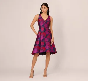 Sleeveless Floral Jacquard Midi Dress With High Low Skirt In Navy Multi