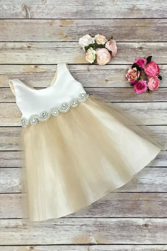 Sleeveless Scoop Knee-length Organza Beads Bowknot Flower Girl Dresses OHR028