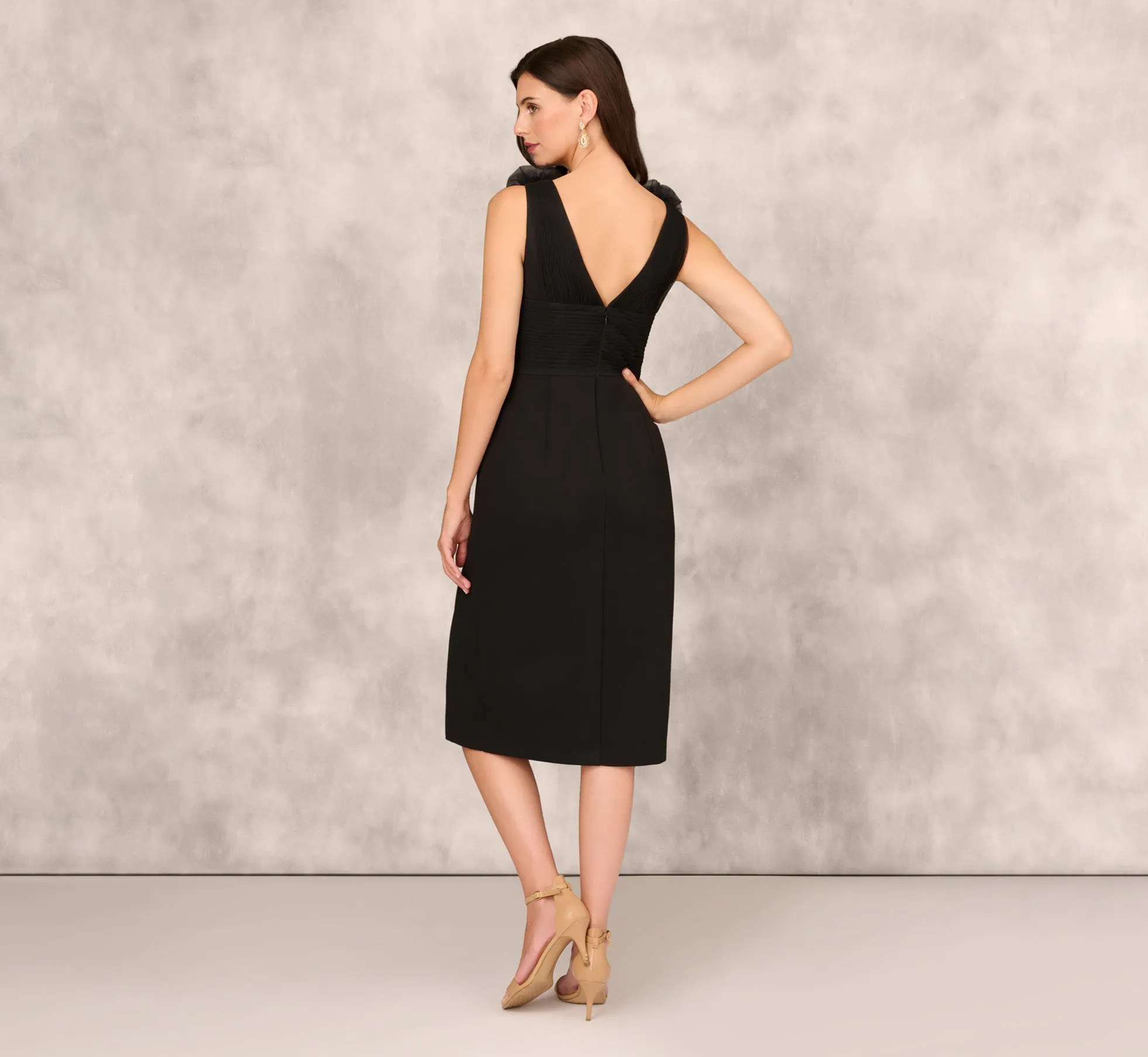 Sleeveless Sheath Dress With Ruffle Accents In Black