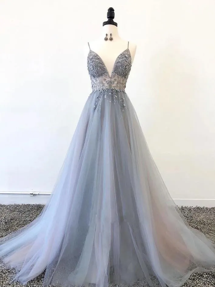 Spaghetti Straps Applique Beaded Prom Dresses Evening Dresses Grey & Brown 2 Colors