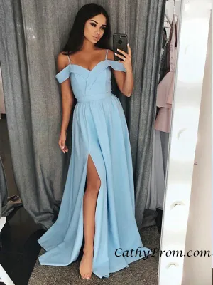 Spaghetti Straps Cap Sleeve Satin with Slit A Line Long Prom Evening Dress HSC6612