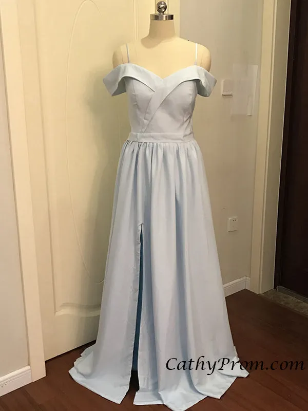 Spaghetti Straps Cap Sleeve Satin with Slit A Line Long Prom Evening Dress HSC6612
