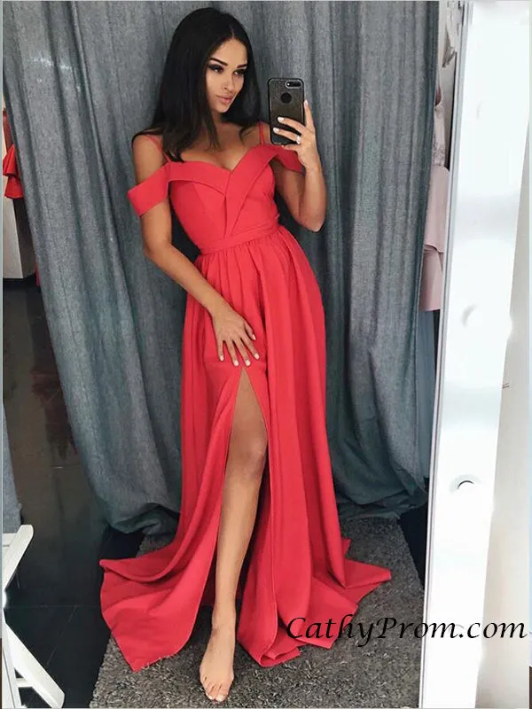 Spaghetti Straps Cap Sleeve Satin with Slit A Line Long Prom Evening Dress HSC6612