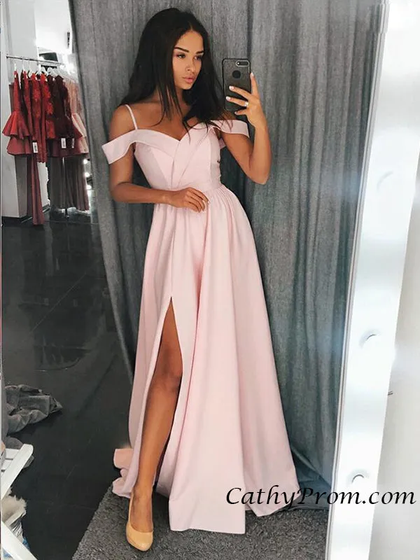 Spaghetti Straps Cap Sleeve Satin with Slit A Line Long Prom Evening Dress HSC6612