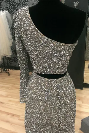 Sparkling One Shoulder Two-piece Split Mermaid Silver Prom Party Dress LPD067