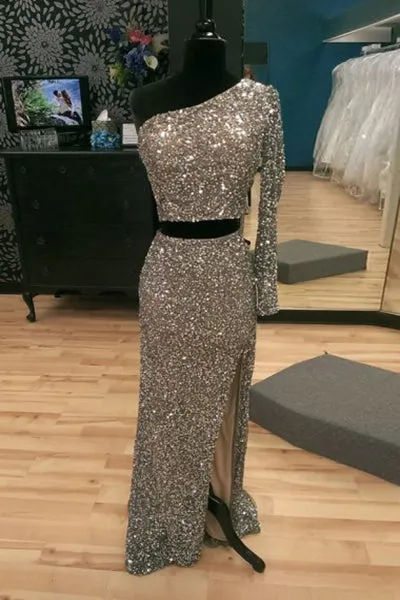 Sparkling One Shoulder Two-piece Split Mermaid Silver Prom Party Dress LPD067