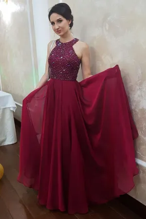 Sparkly A Line Burgundy Chiffon Long Open Back Beaded Senior Prom Dresses OHC485