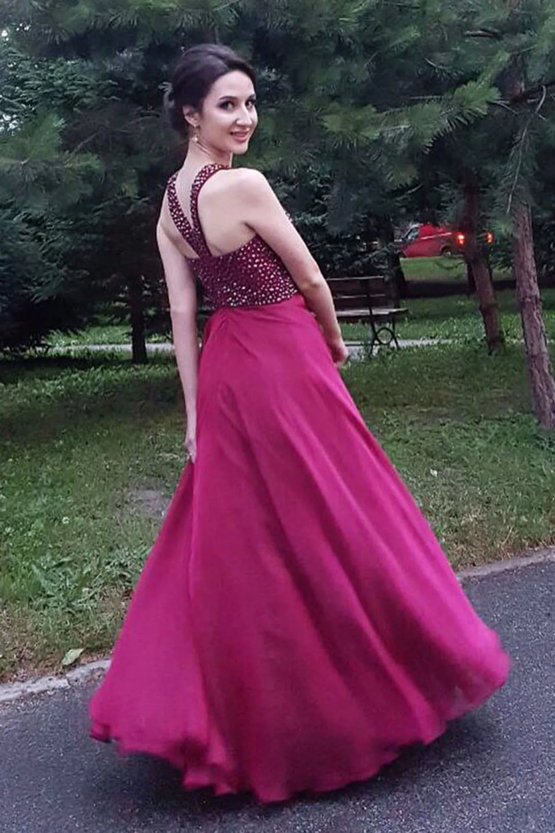 Sparkly A Line Burgundy Chiffon Long Open Back Beaded Senior Prom Dresses OHC485