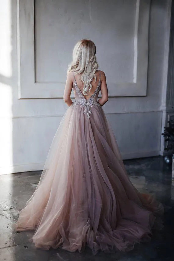Sparkly A Line Spaghetti Strap Sweep Train Sleeveless Backless Open Back Beading Long Prom Dress OHC319