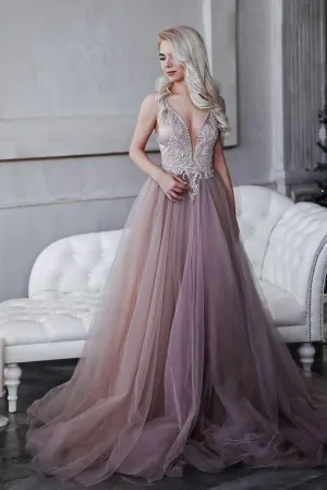 Sparkly A Line Spaghetti Strap Sweep Train Sleeveless Backless Open Back Beading Long Prom Dress OHC319