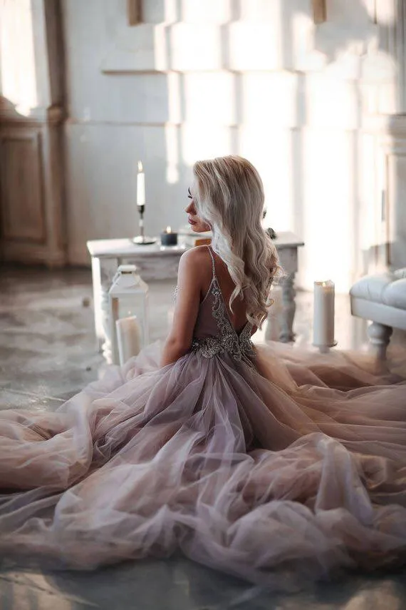 Sparkly A Line Spaghetti Strap Sweep Train Sleeveless Backless Open Back Beading Long Prom Dress OHC319