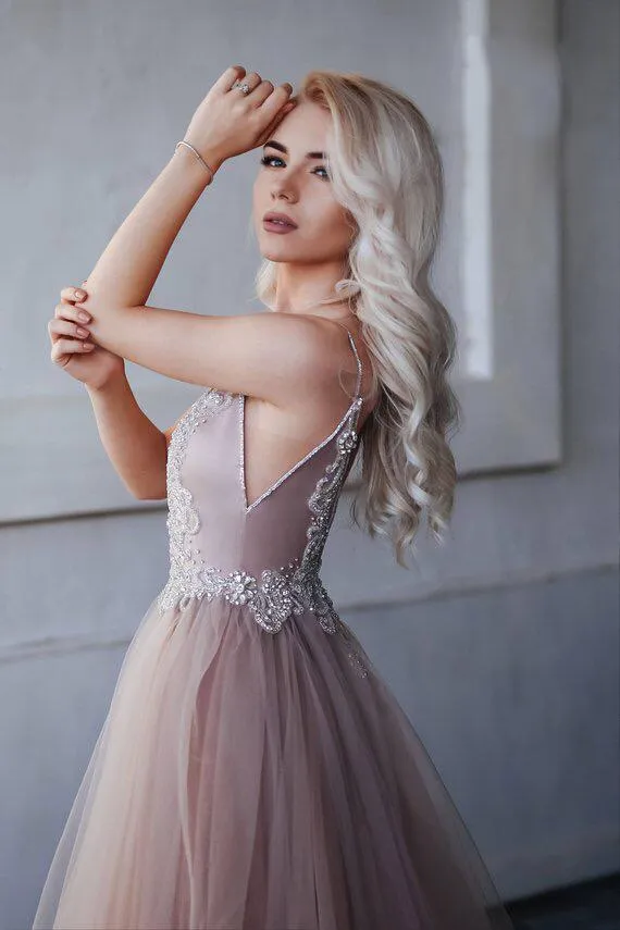 Sparkly A Line Spaghetti Strap Sweep Train Sleeveless Backless Open Back Beading Long Prom Dress OHC319