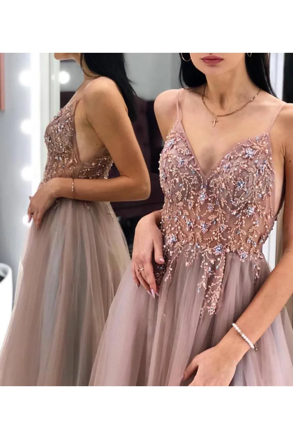 Sparkly A Line Spaghetti Straps Sweep Train Sleeveless Tulle Long Grey Prom Dress Evening Dress OHC110