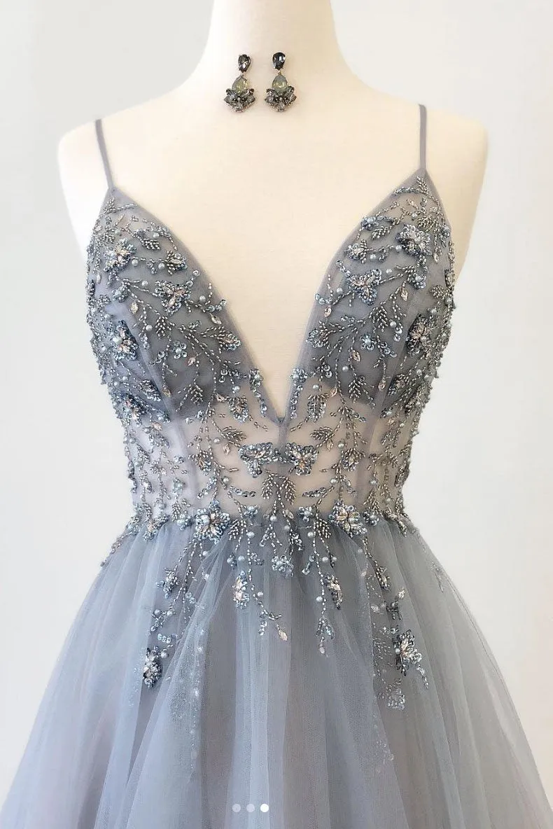 Sparkly A Line Spaghetti Straps Sweep Train Sleeveless Tulle Long Grey Prom Dress Evening Dress OHC110