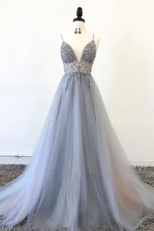 Sparkly A Line Spaghetti Straps Sweep Train Sleeveless Tulle Long Grey Prom Dress Evening Dress OHC110
