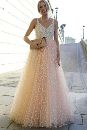 Sparkly A-line Straps Floor Length Sleeveless Tulle Beading Long Prom Dress Evening Dress OHC108