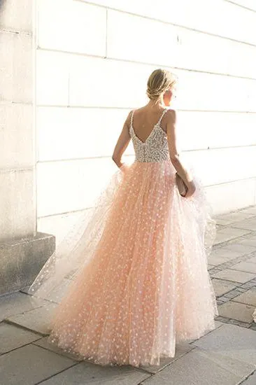 Sparkly A-line Straps Floor Length Sleeveless Tulle Beading Long Prom Dress Evening Dress OHC108