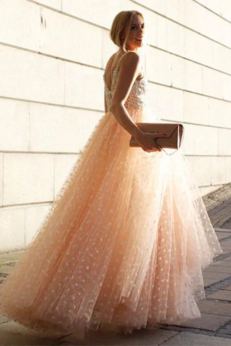 Sparkly A-line Straps Floor Length Sleeveless Tulle Beading Long Prom Dress Evening Dress OHC108