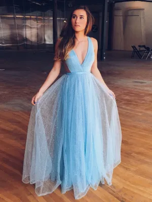 Sparkly A-line V neck Sleeveless Floor Length Modest Blue Long Tulle Prom Dress/Evening Dress OHC284