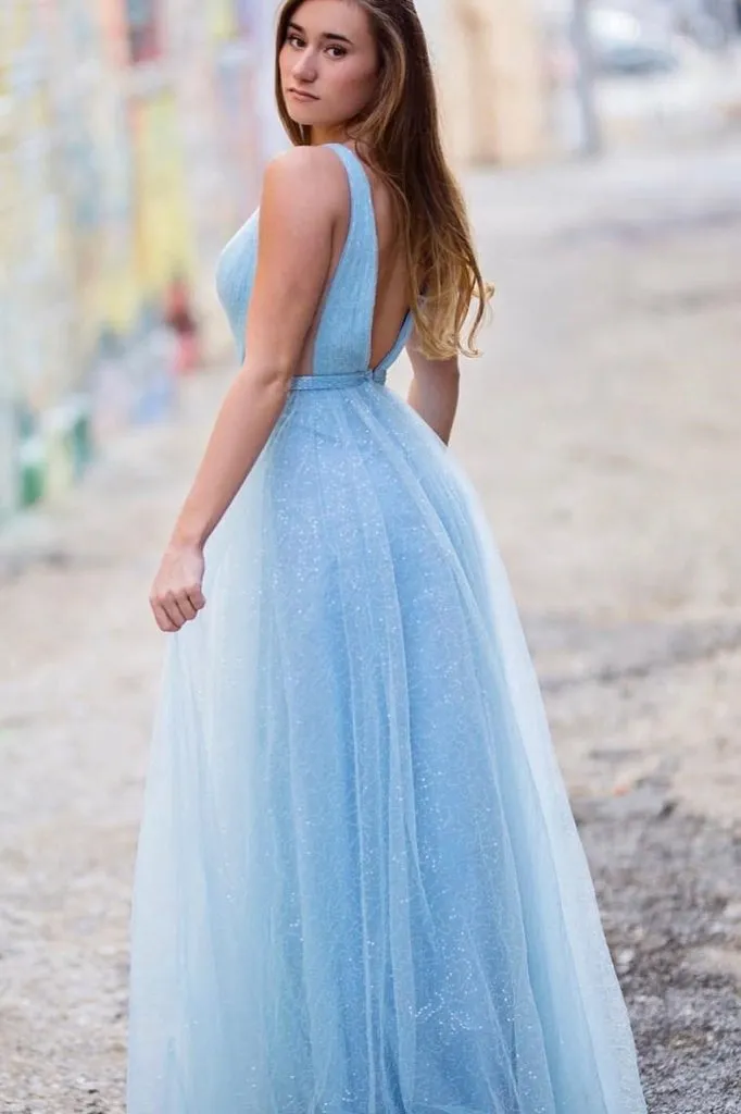 Sparkly A-line V neck Sleeveless Floor Length Modest Blue Long Tulle Prom Dress/Evening Dress OHC284