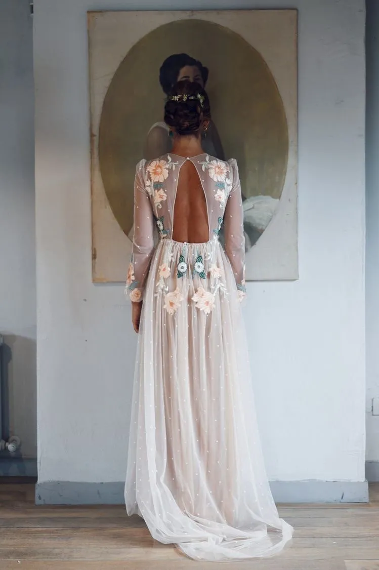 Sparkly Chic A-line Scoop Sweep Train Long Sleeve Embroidery Long Open Back Tulle Prom Dress OHC191