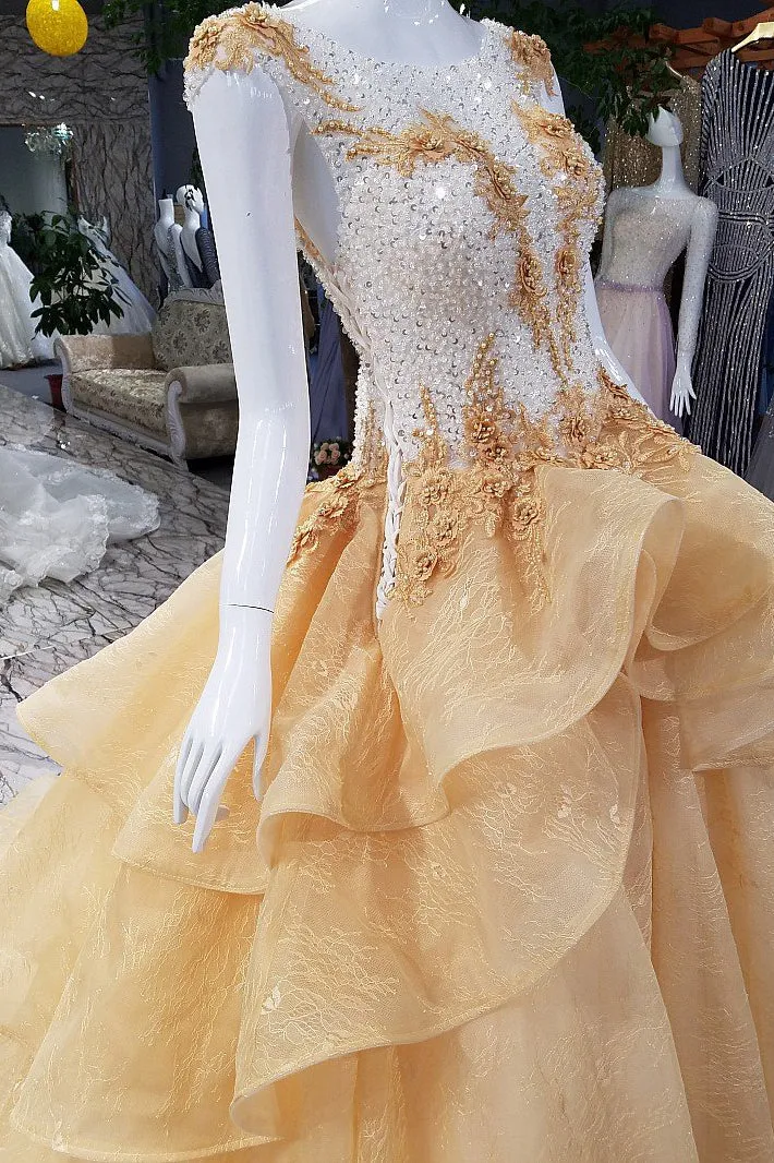 Sparkly Prom Dresses Bateau Sweep Train Appliques Beaded Lace Sleeveless Long Tulle Prom Dress  OHC241