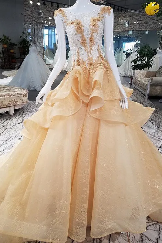 Sparkly Prom Dresses Bateau Sweep Train Appliques Beaded Lace Sleeveless Long Tulle Prom Dress  OHC241