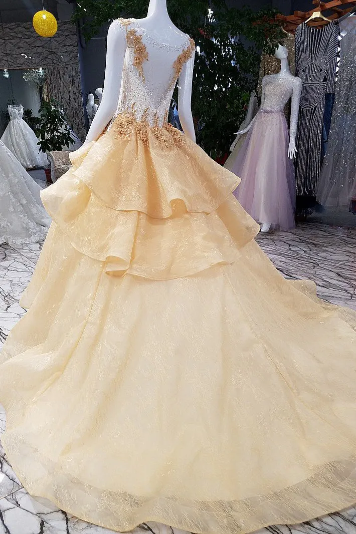 Sparkly Prom Dresses Bateau Sweep Train Appliques Beaded Lace Sleeveless Long Tulle Prom Dress  OHC241