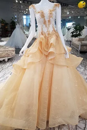 Sparkly Prom Dresses Bateau Sweep Train Appliques Beaded Lace Sleeveless Long Tulle Prom Dress  OHC241