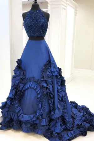 Sparkly Two Piece Ball Gown Prom Dresses Halter Sleeveless Taffeta Beading Ruffles Long Prom Dress OHC255