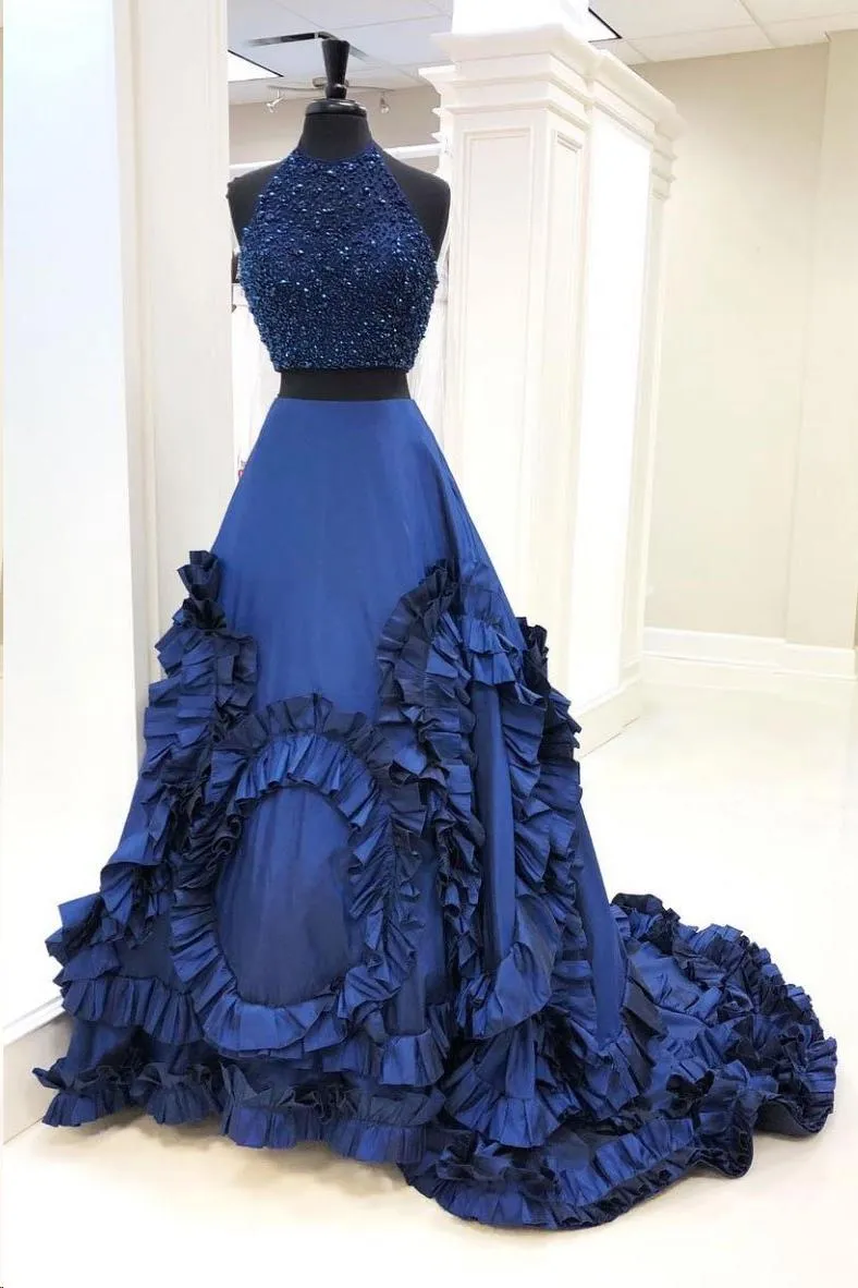 Sparkly Two Piece Ball Gown Prom Dresses Halter Sleeveless Taffeta Beading Ruffles Long Prom Dress OHC255
