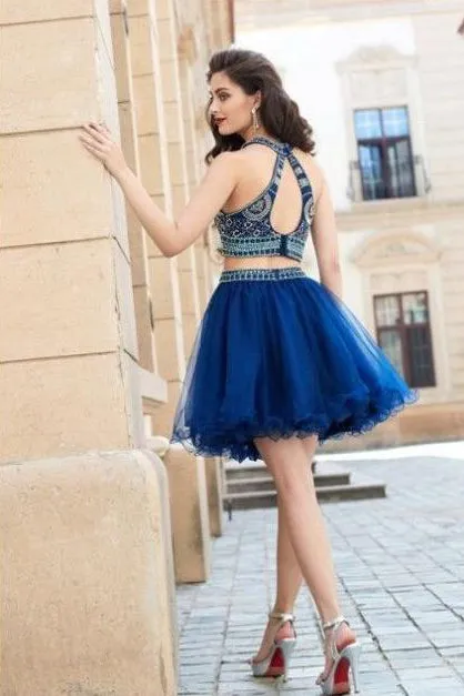 Sparkly Two Piece Halter Sleeveless Rhinestone Beading Chic Tulle Homecoming Party Dresses OHM101