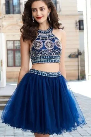 Sparkly Two Piece Halter Sleeveless Rhinestone Beading Chic Tulle Homecoming Party Dresses OHM101