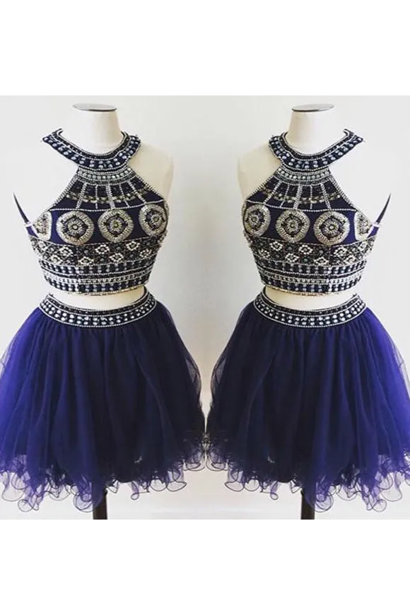 Sparkly Two Piece Halter Sleeveless Rhinestone Beading Chic Tulle Homecoming Party Dresses OHM101