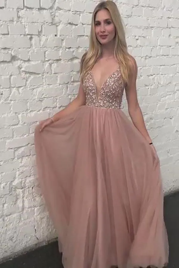 Sparkly V Neck Backless Sleeveless Tulle Beaded Prom Dress OHC147