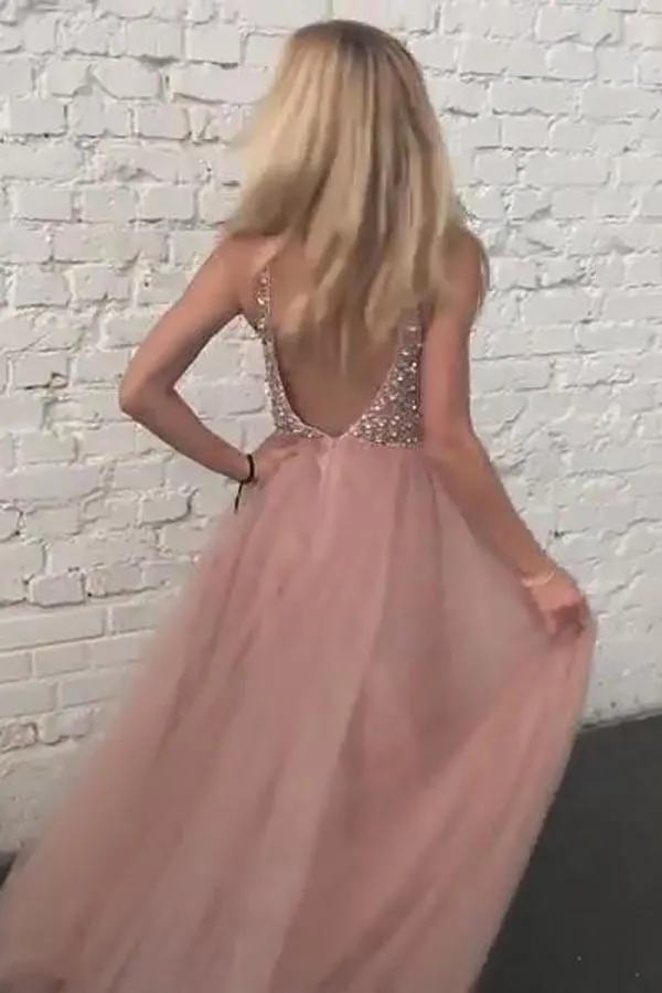 Sparkly V Neck Backless Sleeveless Tulle Beaded Prom Dress OHC147