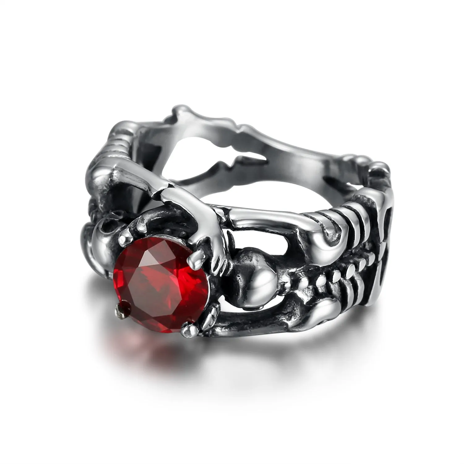 Stainless Steel Woman's Skeleton Ring with Black or Red CZ