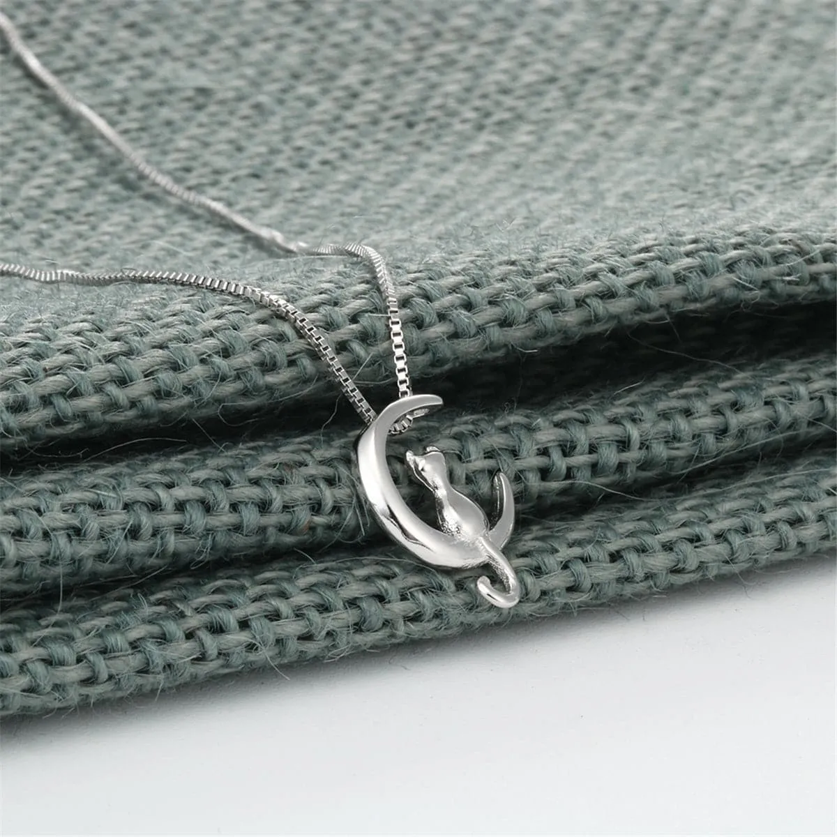Sterling Silver Moon & Cat Pendant Necklace